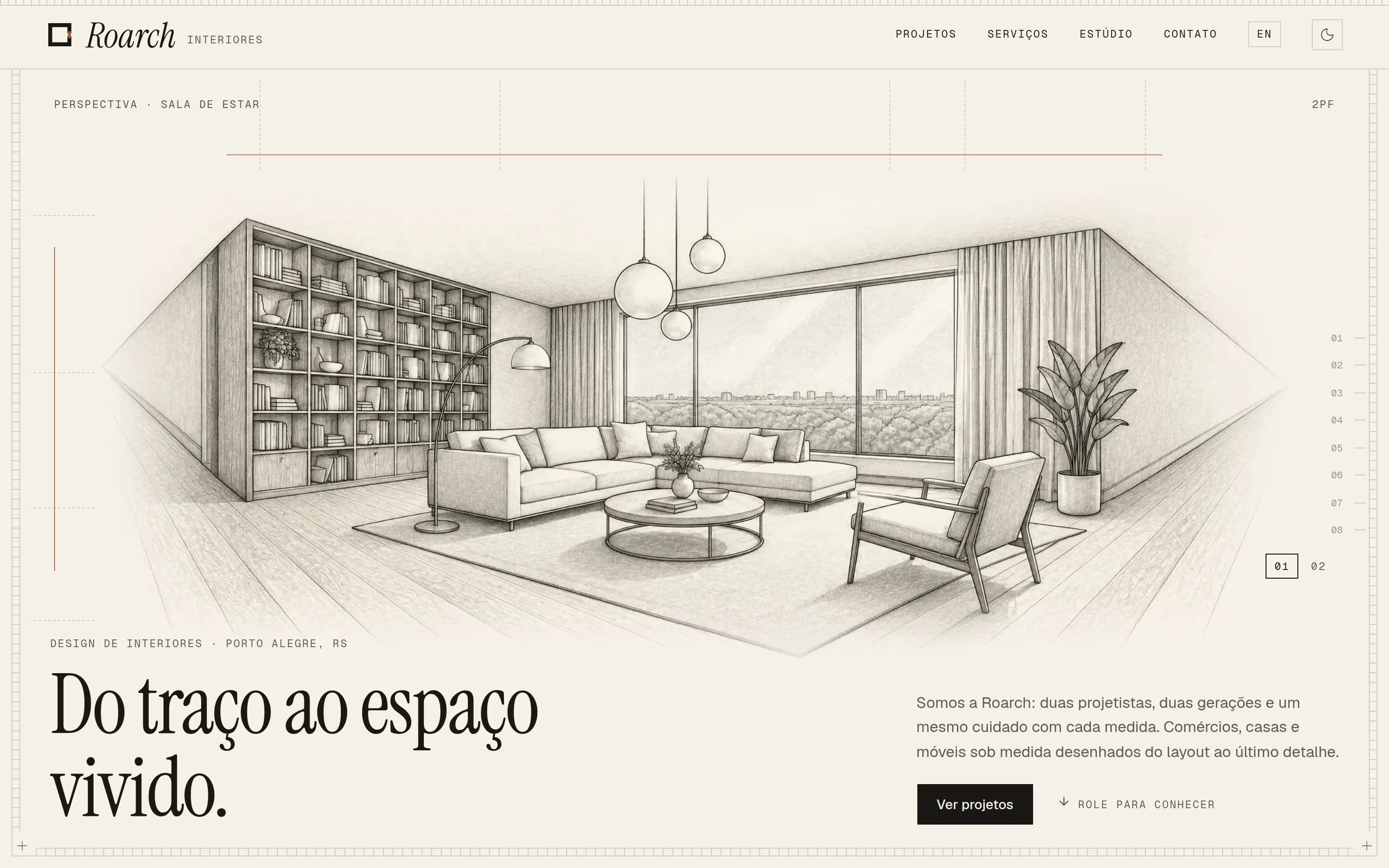 Página inicial da Roarch: a sala de estar é desenhada a lápis, vira render, e a cozinha é traçada em seguida