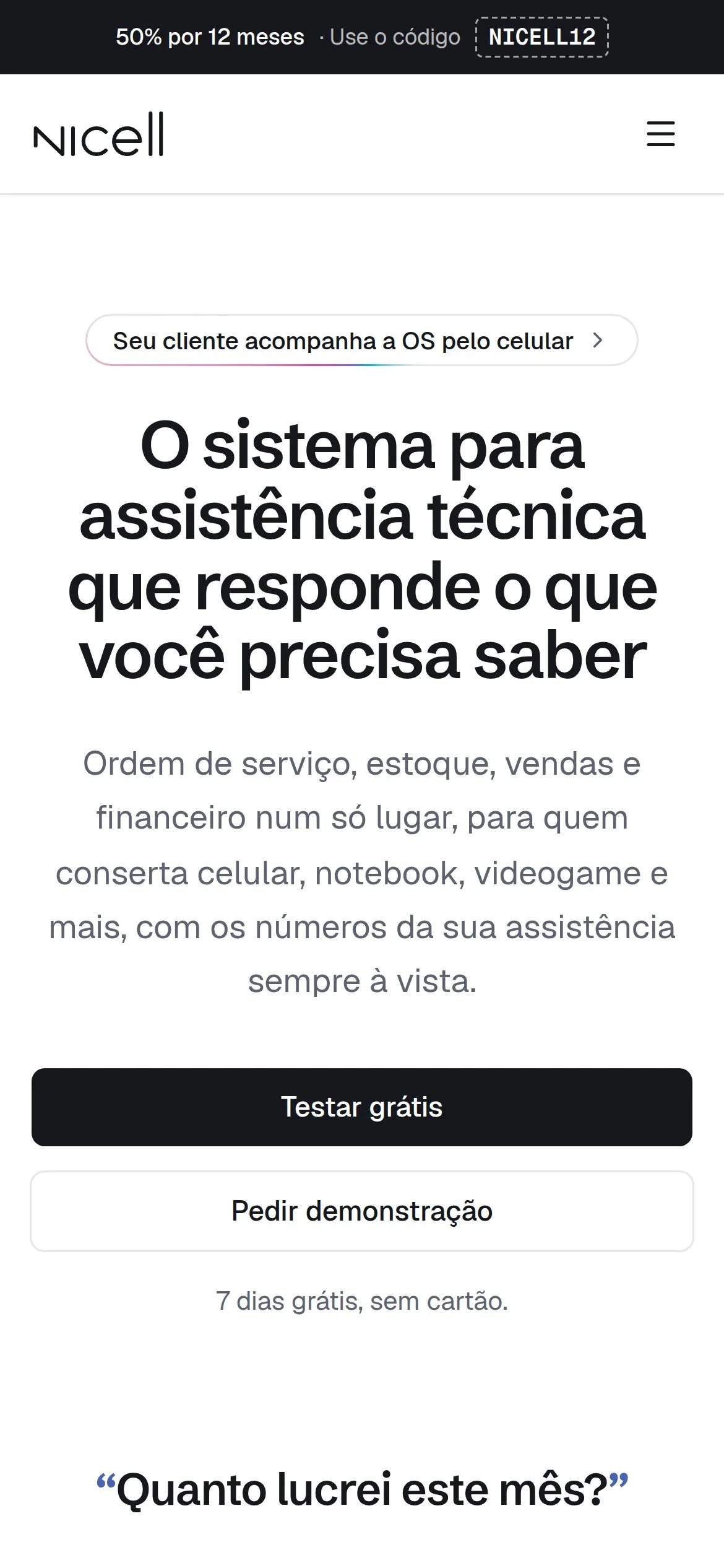 Página inicial do Nicell no celular