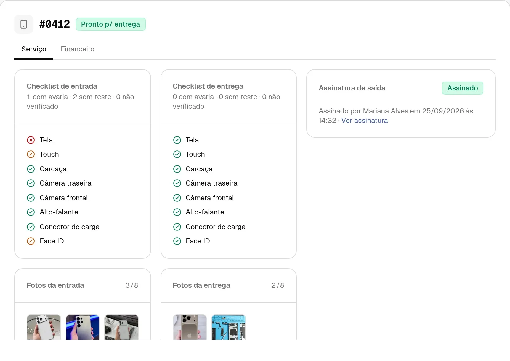 Ordem de serviço com checklist de entrada e de entrega, fotos e assinatura do cliente